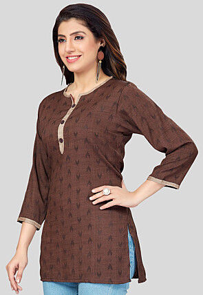 Ikat Woven Rayon Straight Kurti in Brown