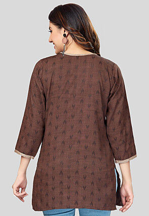 Ikat Woven Rayon Straight Kurti in Brown