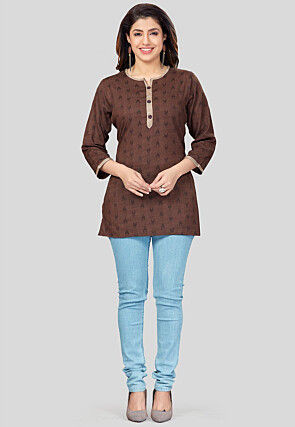 Ikat Woven Rayon Straight Kurti in Brown