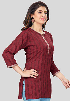 Ikat Woven Rayon Straight Kurti in Maroon