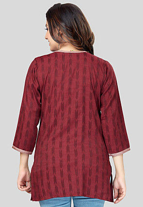 Ikat Woven Rayon Straight Kurti in Maroon