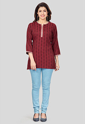 Ikat Woven Rayon Straight Kurti in Maroon