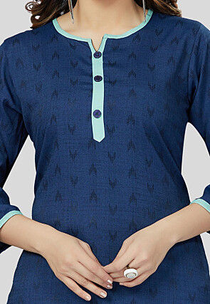 Ikat Woven Rayon Straight Kurti in Navy Blue