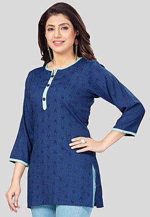 Ikat Woven Rayon Straight Kurti in Navy Blue