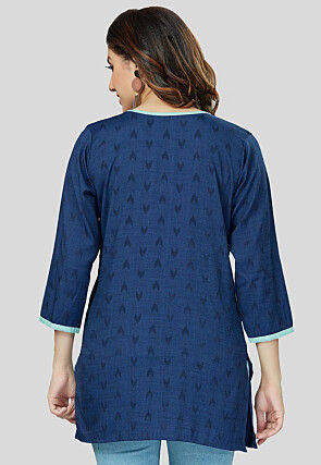 Ikat Woven Rayon Straight Kurti in Navy Blue