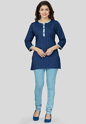 Ikat Woven Rayon Straight Kurti in Navy Blue