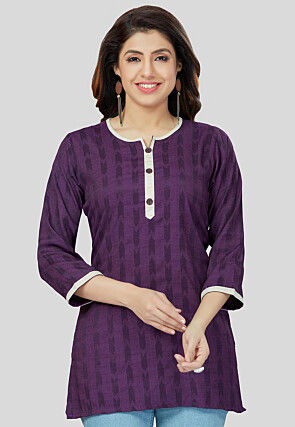 Ikat Woven Rayon Straight Kurti in Purple