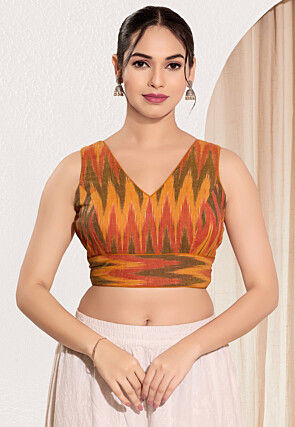 Ikkat Printed Art Silk Blouse in Mustard