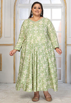 Ikkat Printed Rayon Long Dress in Light Green