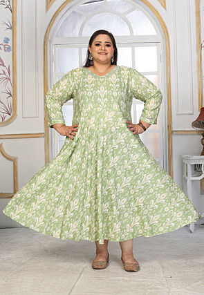 Ikkat Printed Rayon Long Dress in Light Green