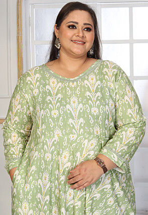 Ikkat Printed Rayon Long Dress in Light Green
