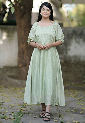 Solid Color Chinon Silk Maxi Dress in Light Green