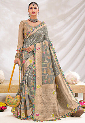 Woven Art Silk Scalloped Saree in Grey