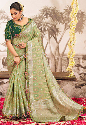 Woven Art Silk Jacquard Scalloped Saree in Light Green