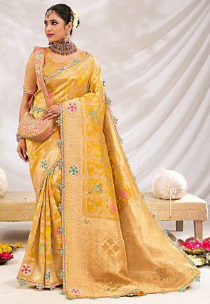 Woven Art Silk Scalloped Saree in Yellow