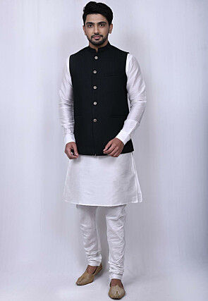 Jacquard Dupion Silk Kurta Jacket Set in White and Black