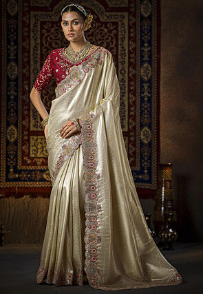 Woven Art Silk Jacquard Saree in Off White