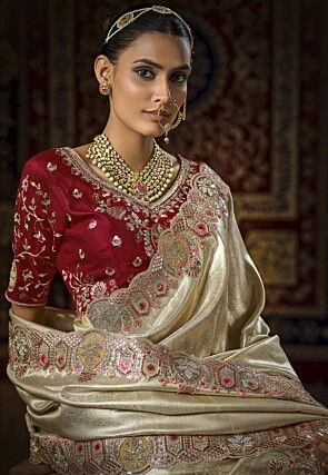 Woven Art Silk Jacquard Saree in Off White