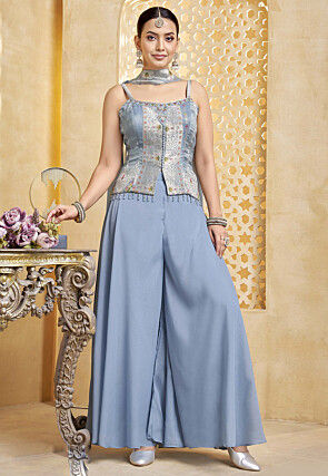 Jacquard Satin Silk Top Set in Pastel Blue