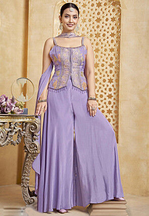 Jacquard Satin Silk Top Set in Purple