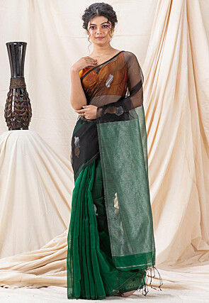 Jamdani Art Resham Silk Saree in Black and Dark Green
