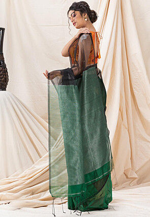 Jamdani Art Resham Silk Saree in Black and Dark Green