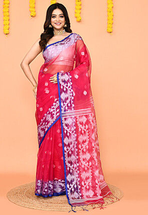 Jamdani Art Silk Saree in Fuchsia