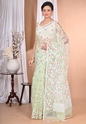 Jamdani Chanderi Silk Saree in Light Green