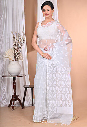 Jamdani Chanderi Silk Saree in Light Grey