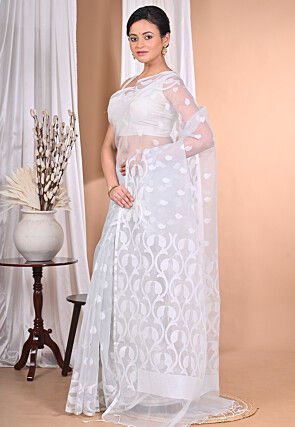 Jamdani Chanderi Silk Saree in Light Grey