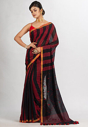 Jamdani Cotton Saree in Black And Red