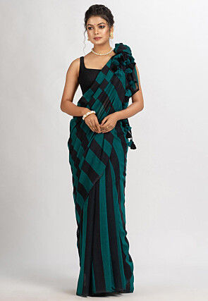 Jamdani Cotton Saree in Black and Teal Green