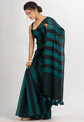 Jamdani Cotton Saree in Black and Teal Green