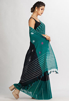 Jamdani Cotton Saree in Black and Teal Green