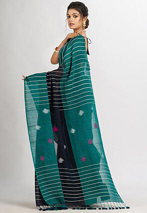 Jamdani Cotton Saree in Black and Teal Green