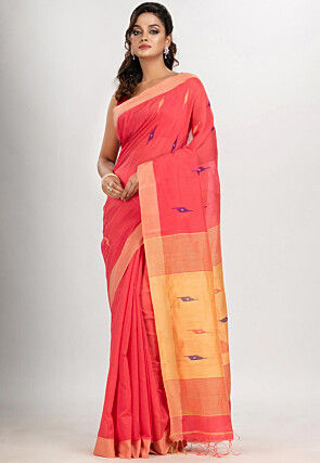Jamdani Cotton Saree in Coral Red