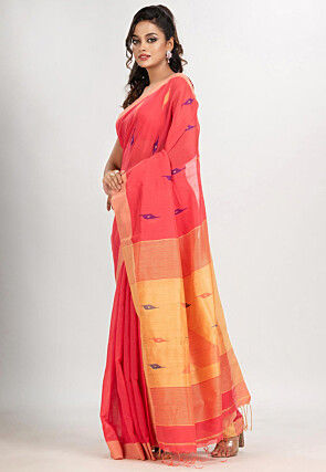 Jamdani Cotton Saree in Coral Red
