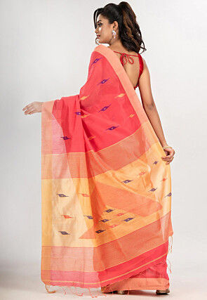 Jamdani Cotton Saree in Coral Red
