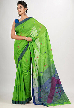 Buy Soft & Graceful. Pure Handwoven Khadi Cotton Saree (With Blouse Piece)  - Warm Green Online