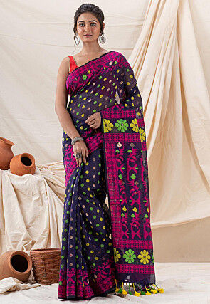 Jamdani Cotton Saree in Navy Blue