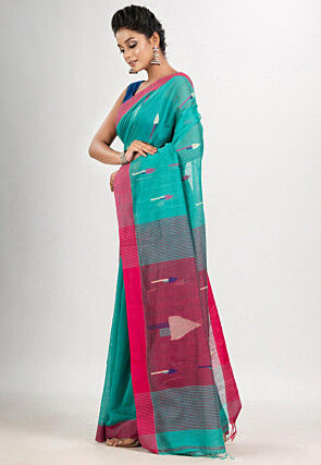 Jamdani Cotton Saree in Teal Blue