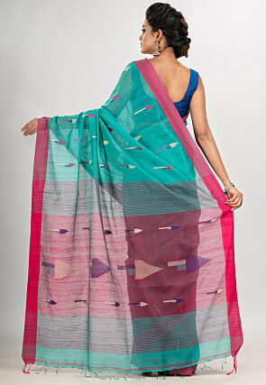 Jamdani Cotton Saree in Teal Blue