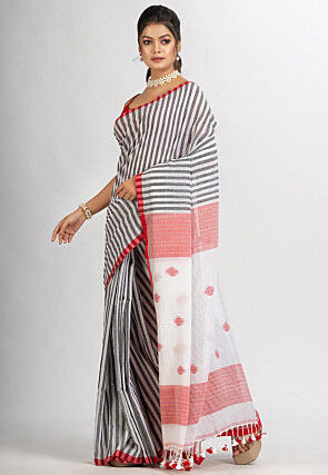 Jamdani Cotton Saree in White and Grey