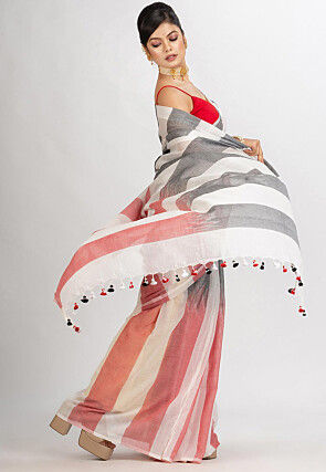 Jamdani Cotton Saree in White and Multicolor