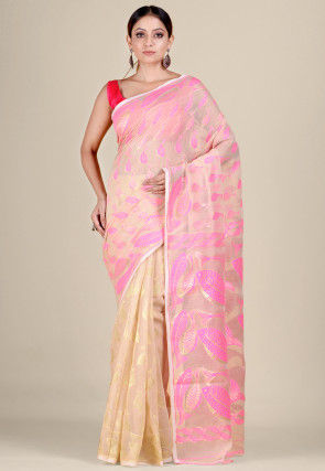 Jamdani Cotton Silk Handloom Saree in Light Beige and Pink