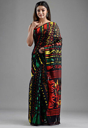 Jamdani Cotton Silk Saree in Black and Multicolour