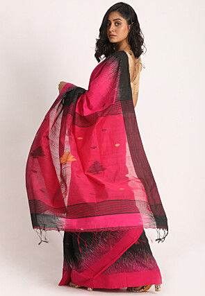 Jamdani Cotton Silk Saree in Fuchsia and Black