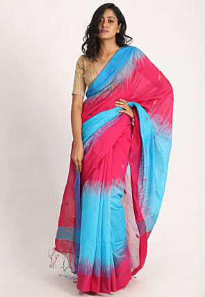 Jamdani Cotton Silk Saree in Fuchsia and Blue