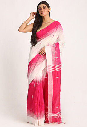Jamdani Cotton Silk Saree in Fuchsia and White