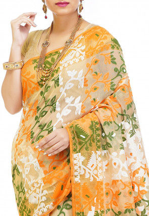 Jamdani Cotton Silk Saree in Light Beige and Multicolor